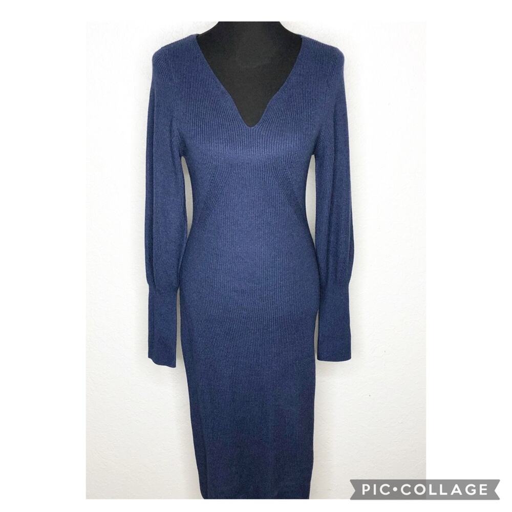 WHBM navy blue ribbed knit v neck midi sweater dress size Medium